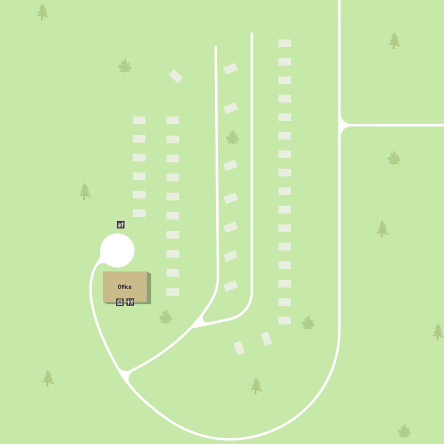 A map showing a campground layout with an office building at the entrance and two rows of campsites arranged along two curved roads.